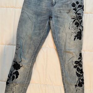 Tru Luxe Jeans Blue with Black Floral Embroidery